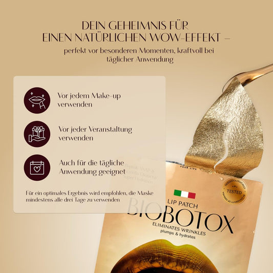 BIOBOTOX Goldene Lippenmaske Mit Mikrokristallen | Lippenpflege Mit Sofortiger Aufpolsterung, Anhebung, Hydratisierung & Faltenglättung | SNAP-8 Peptid & Acmella Oleracea | Made in Italy | 1 Stk.