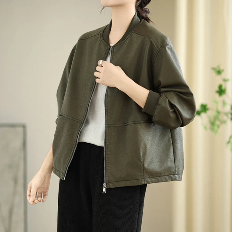 Lederjacke, Vintage, Damen, V-Ausschnitt, Windbreaker NOOR08