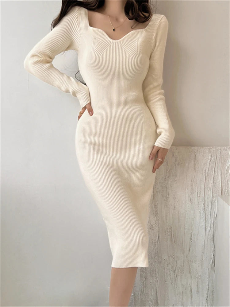 Seoulish 2025Herbst/Winter Bodycon-Strickkleid mit Wickel-Look NOOR08