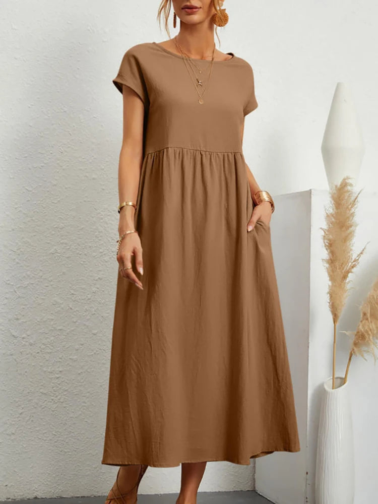 Elegantes Maxi-Kleid aus Leinen-Baumwolle, kurze Ärmel NOOR08