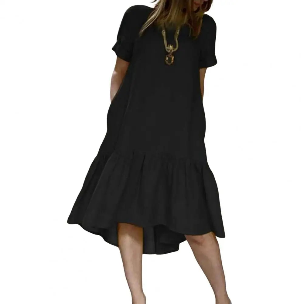 Einfarbiges Damen-Sommerkleid, A-Linie, Knielang mit Rüschensaum NOOR08