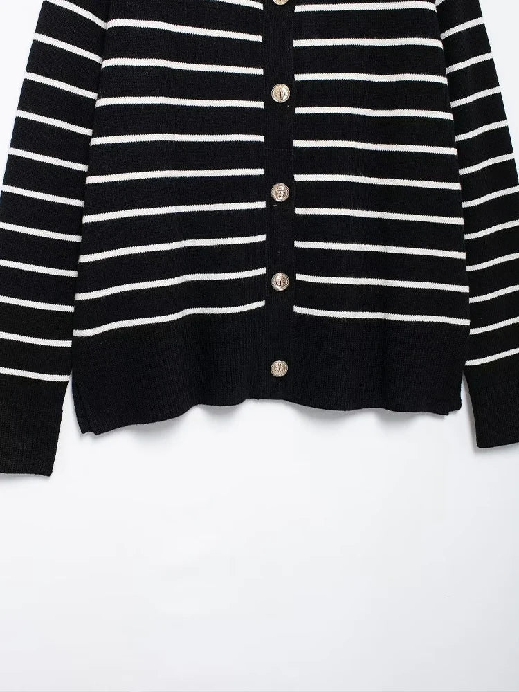 Damen-Strickpullover, Streifen, Strickjacke, Schwarz, Herbst NOOR08