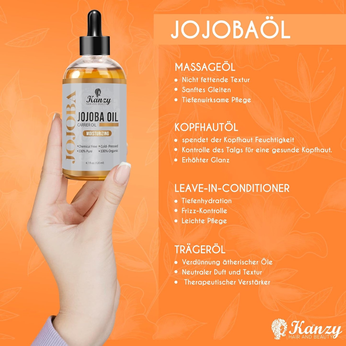 Kanzy Jojobaöl Bio Kaltgepresst 100% Reines Gold, 120Ml Für Haut, Haare Und Nägel, Gesichtsöl Und Körperöl, Vegan & Hexanfrei, Bio Jojobaöl, Anti-Falten, Natürliche Intensiv Feuchtigkeitspflege