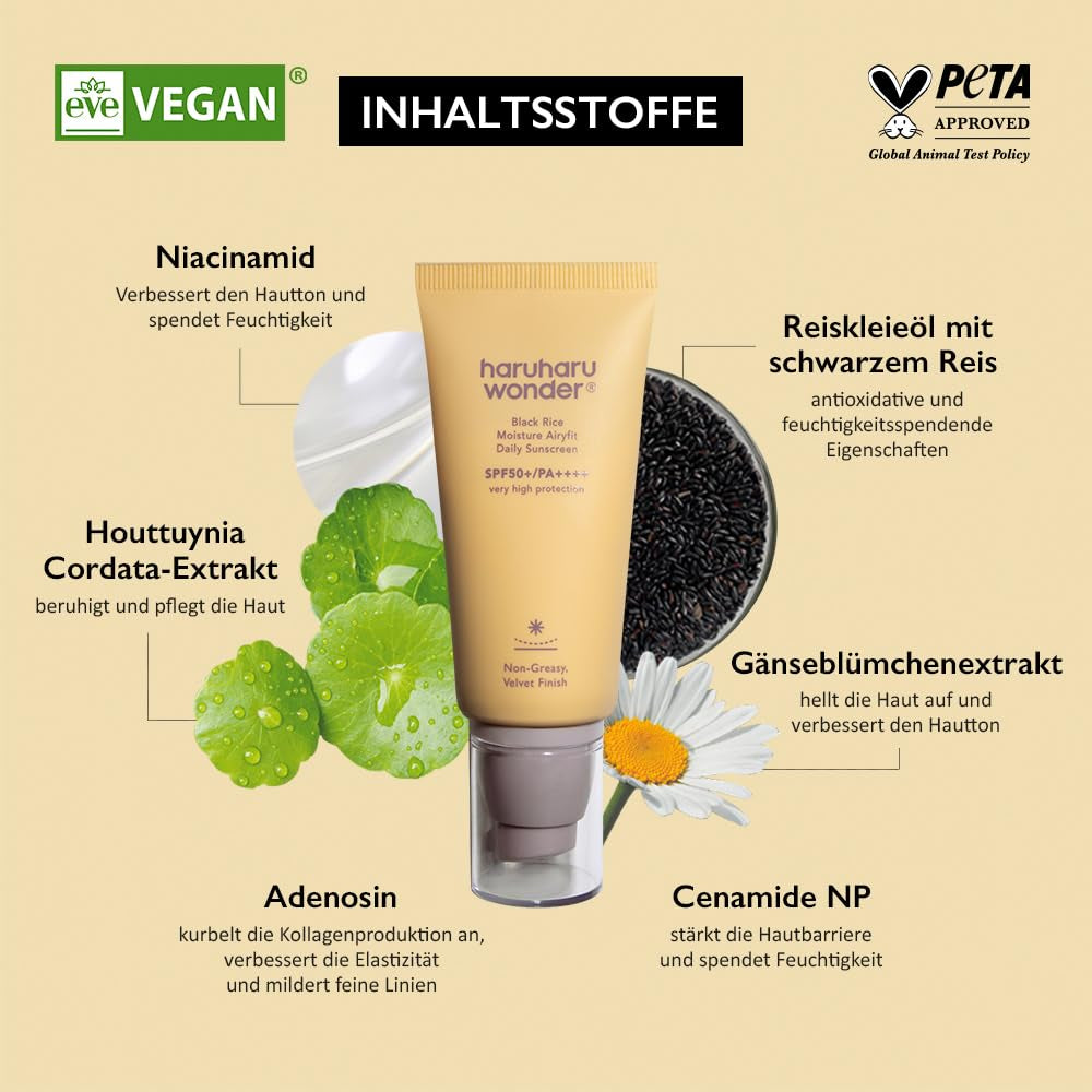 Haruharu Wonder Black Rice Moisture Airyfit Daily Sunscreen, Nicht Fettendes Velvet Finish, Kein Weißer Abdruck 50Ml