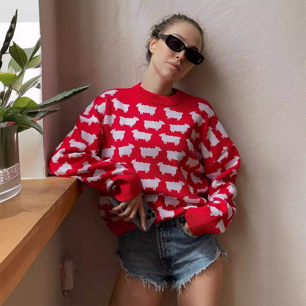 Damen Rundhals Pullover – Lockerer Sweater mit Alpaka-Print NOOR08