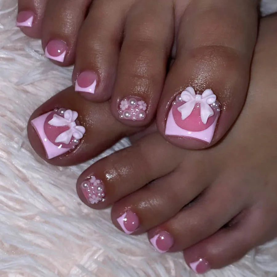 Simple French Fake Toenails (24 Pcs) | Comfortable & Removable Press-On for Summer