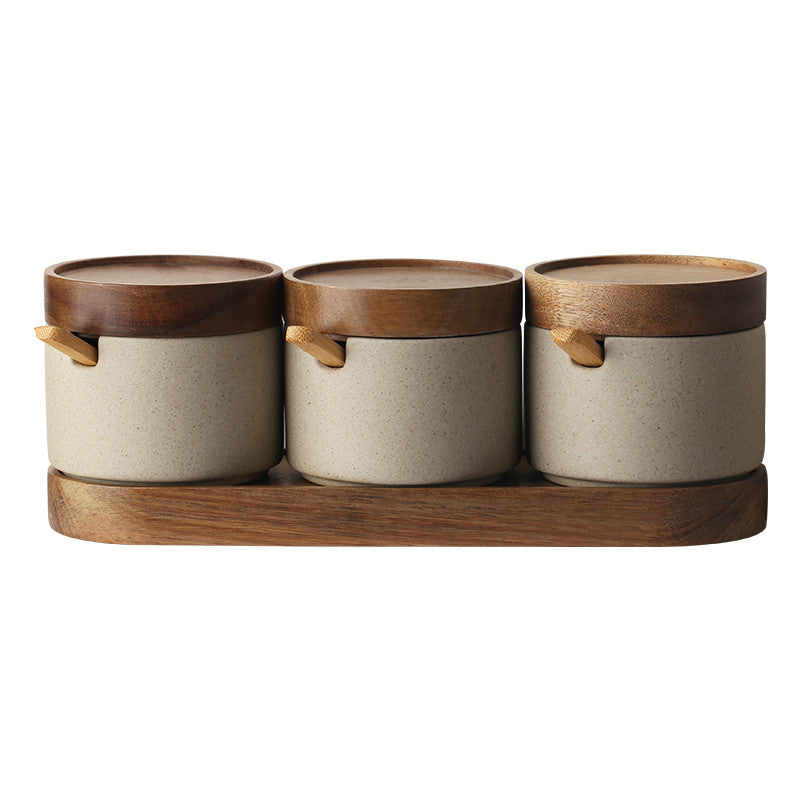 Elegant Kitchen Seasoning Jars: Ceramic Pots, Acacia Wood Tray & Covers