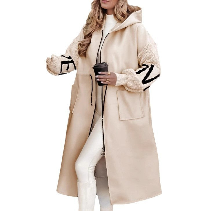 Langer Damen Windbreaker mit Strickärmeln | Stylische Übergangsjacke mit Kapuze NOOR08