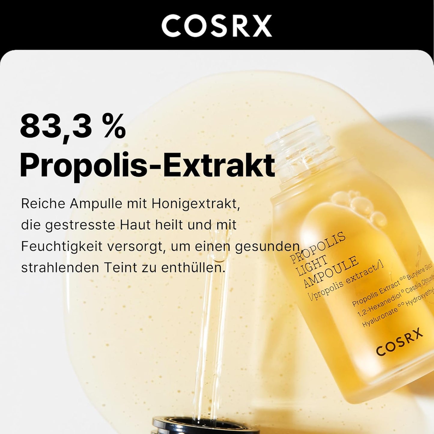 COSRX Full Fit Propolis Ampoule Mit 83% Propolis, Koreanisches Glow-Serum Für Strahlende Und Glatte Haut, Ideal Für Empfindliche Haut, Feuchtigkeitsspendend Und Hautregenerierend, Korean Skincare 30Ml