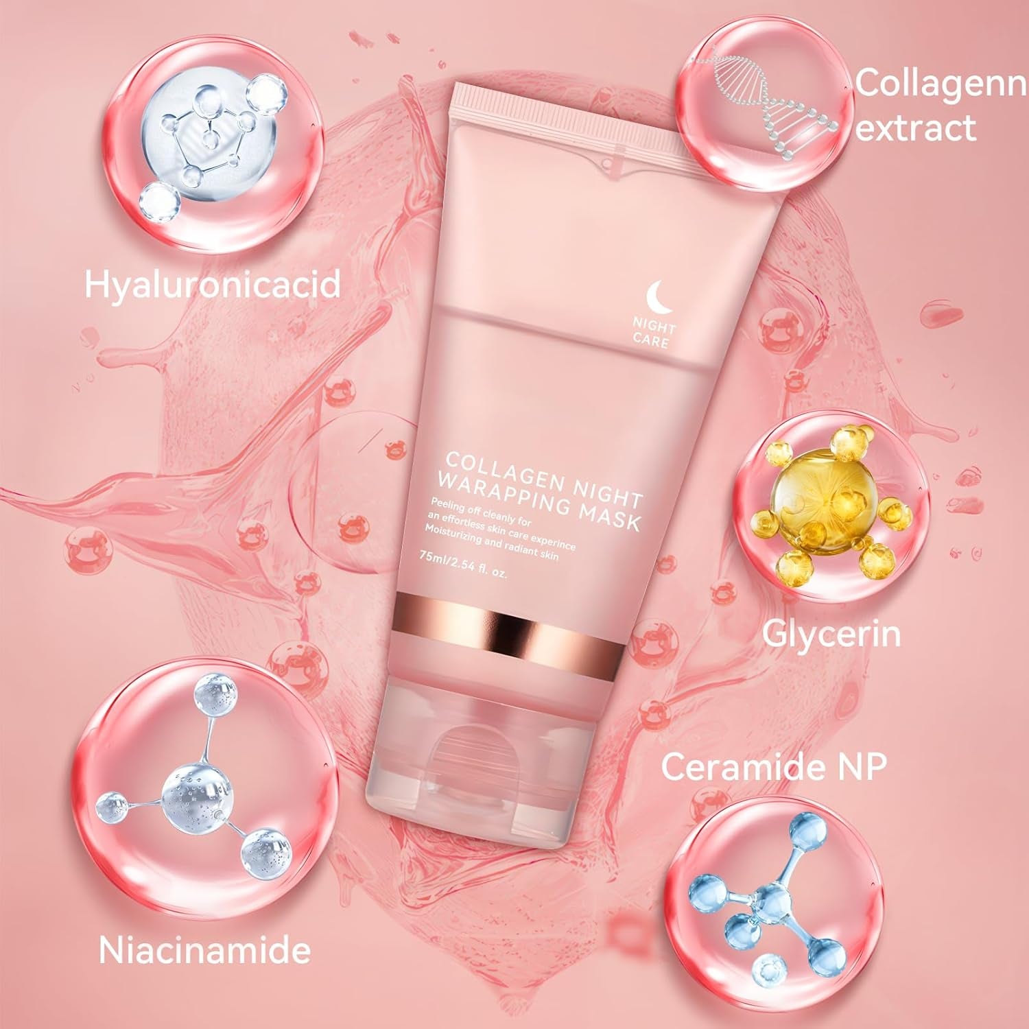 Collagen Maske,Collagen Night Wrapping Mask Bio Gesichtsmaske Über Nacht Peel-Off Maske Zur Hautpflege Und Hydratation, Nachtmaske Für Elastische & Strahlende Haut, Inkl. Pinsel (1 Stück)
