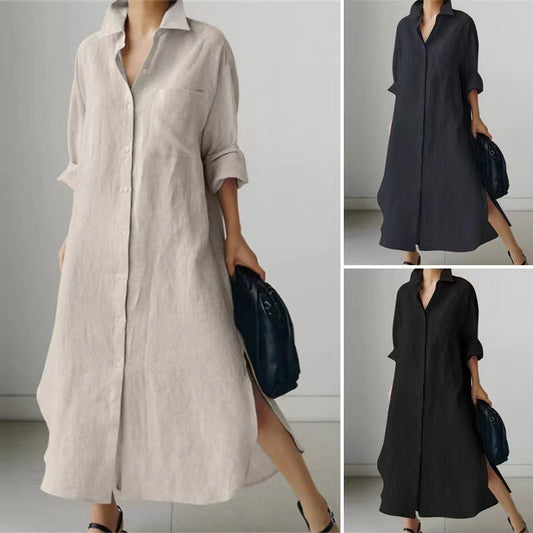 Dieses lange Damen-Hemdkleid besticht durch einen eleganten Schlitz. Das schlichte, einfarbige Design und der Langarm-Cardigan-Stil machen es zu einem vielseitigen Modeartikel.