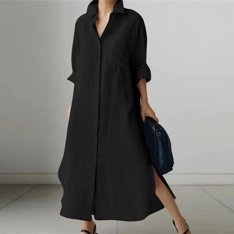 Schlitz-Hemdkleid für Damen | Langes Kleid mit Langarm-Cardigan NOOR08