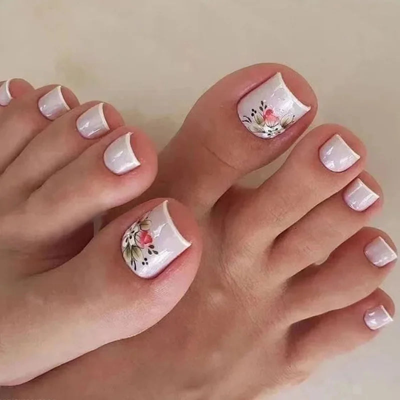 Simple French Fake Toenails (24 Pcs) | Comfortable & Removable Press-On for Summer