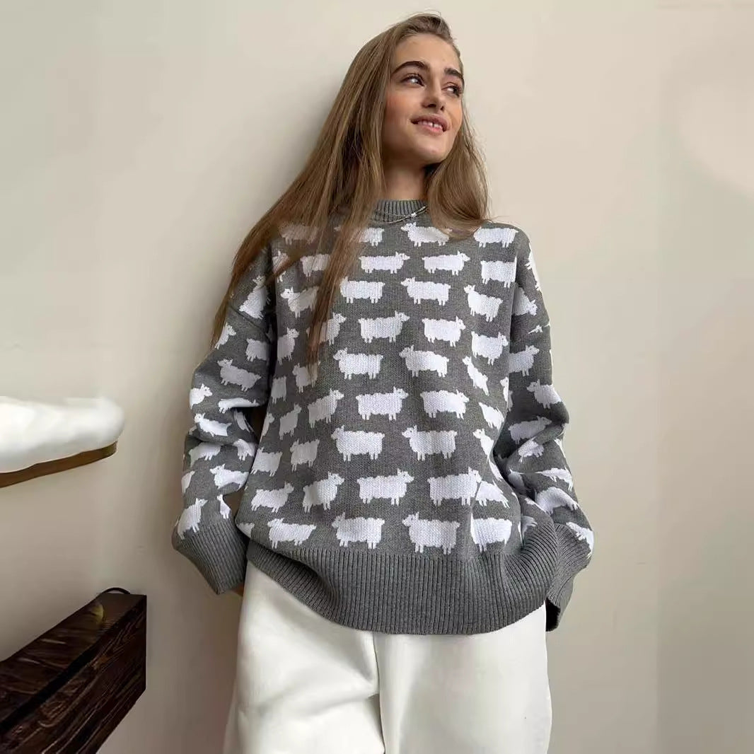 Damen Rundhals Pullover – Lockerer Sweater mit Alpaka-Print NOOR08