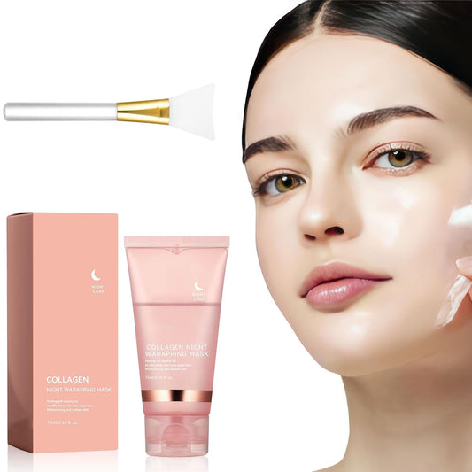 Collagen Maske,Collagen Night Wrapping Mask Bio Gesichtsmaske Über Nacht Peel-Off Maske Zur Hautpflege Und Hydratation, Nachtmaske Für Elastische & Strahlende Haut, Inkl. Pinsel (1 Stück)