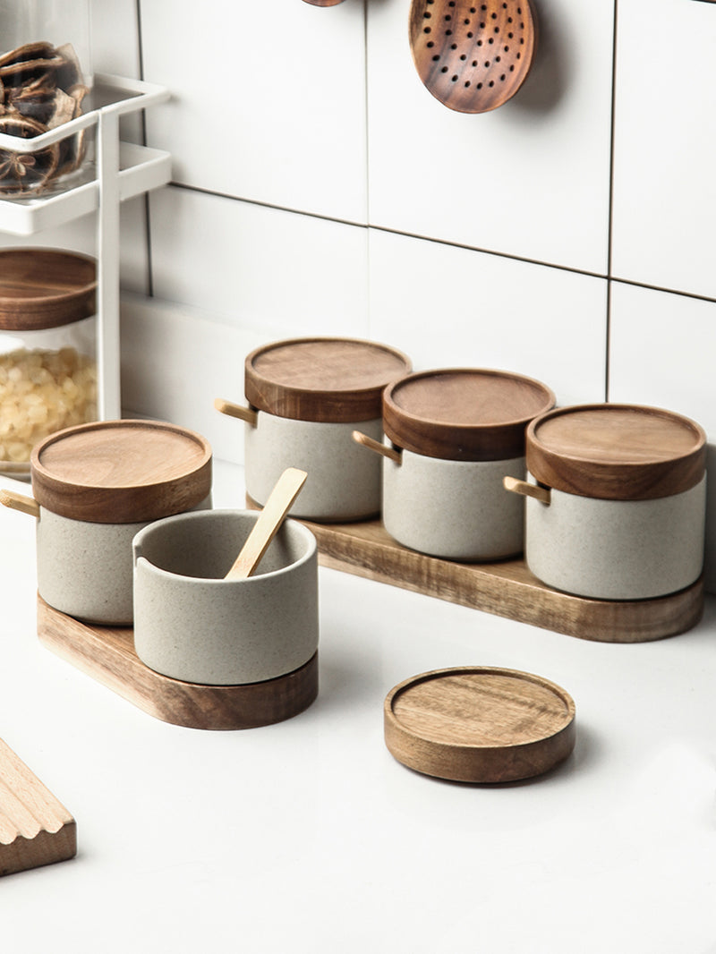 Elegant Kitchen Seasoning Jars: Ceramic Pots, Acacia Wood Tray & Covers
