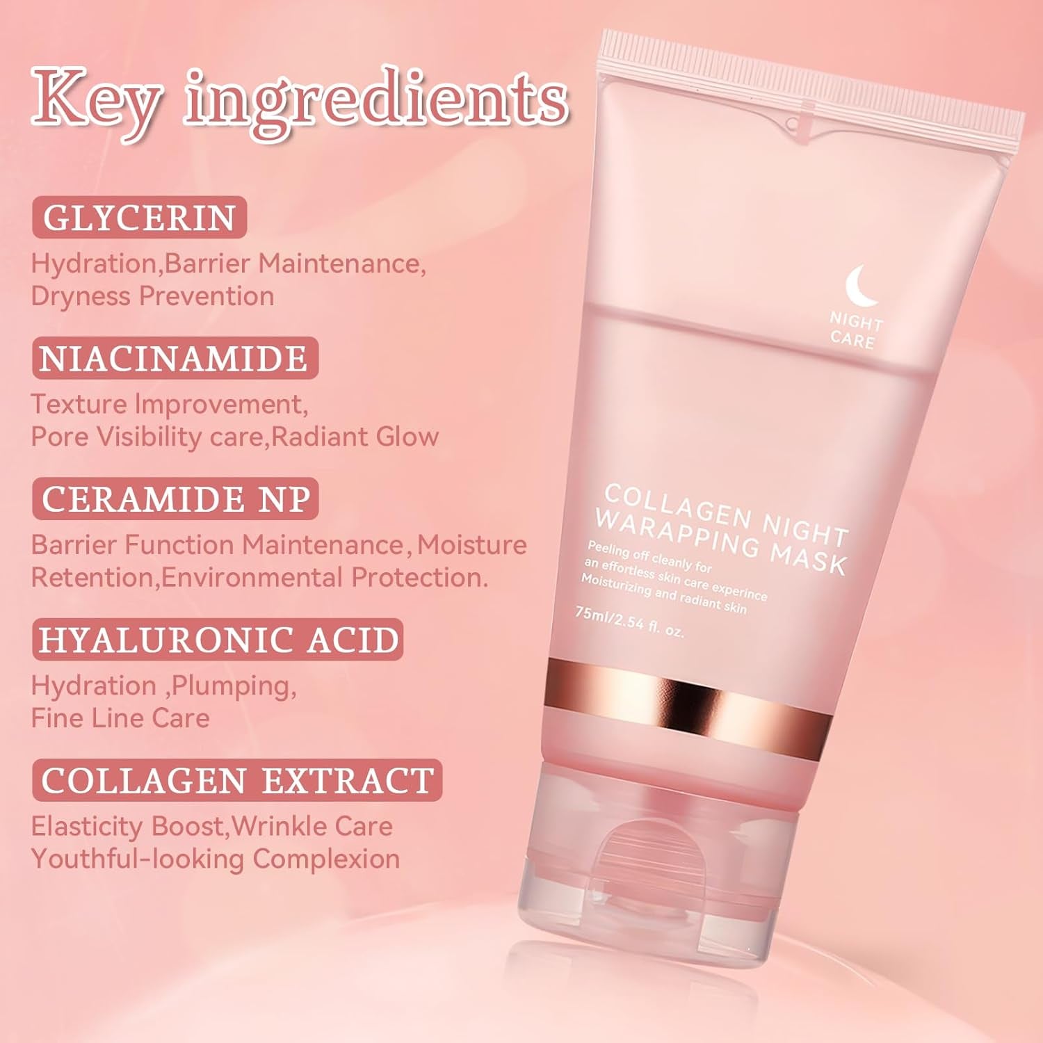 Collagen Maske,Collagen Night Wrapping Mask Bio Gesichtsmaske Über Nacht Peel-Off Maske Zur Hautpflege Und Hydratation, Nachtmaske Für Elastische & Strahlende Haut, Inkl. Pinsel (1 Stück)