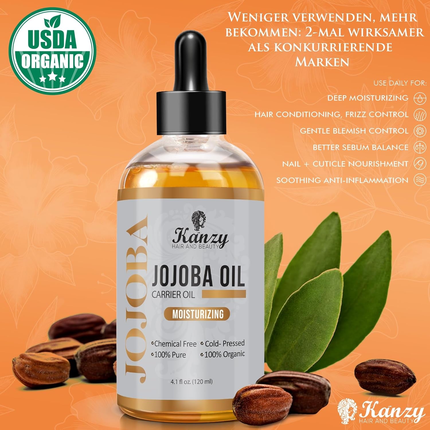 Kanzy Jojobaöl Bio Kaltgepresst 100% Reines Gold, 120Ml Für Haut, Haare Und Nägel, Gesichtsöl Und Körperöl, Vegan & Hexanfrei, Bio Jojobaöl, Anti-Falten, Natürliche Intensiv Feuchtigkeitspflege