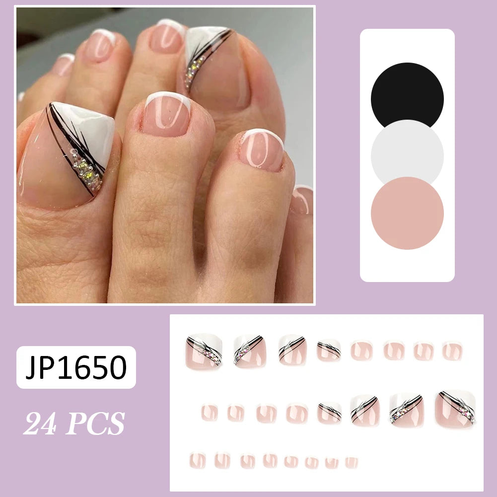 Simple French Fake Toenails (24 Pcs) | Comfortable & Removable Press-On for Summer