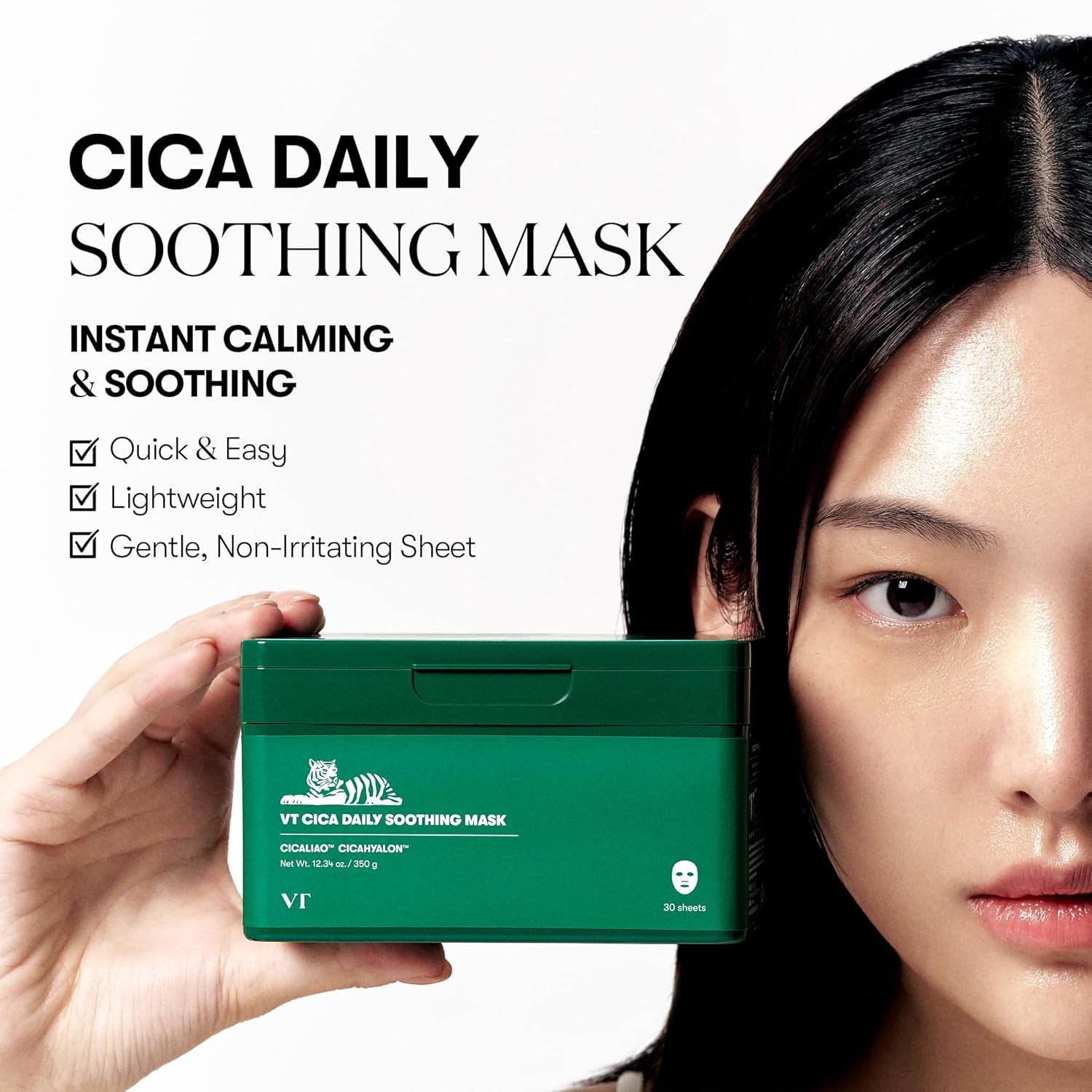 VT COSMETICS CICA Tägliche Beruhigende Maske 30 Stück, Centella Asiatica & Hyaluronsäure Für Pflege & Hydratation, Sofortige Beruhigung & Strahlen, Hautgeschmeidigkeits-Gesichtsmaske