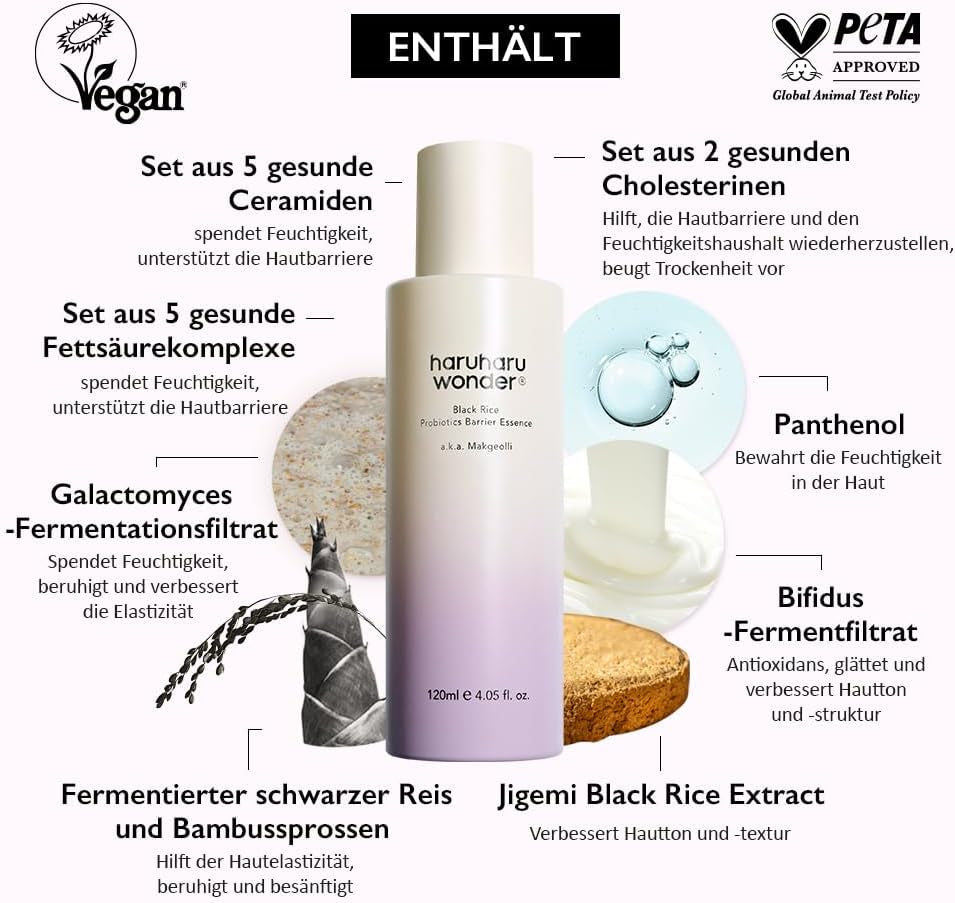 Haruharu Wonder Black Rice Probiotics Barrier Essence 120Ml, Essence Toner Zur Stärkung Der Hautbarriere Mit Ceramiden, Fermentierten Inhaltsstoffen, Beruhigend, Feuchtigkeitsspendend, Aufpolsternd