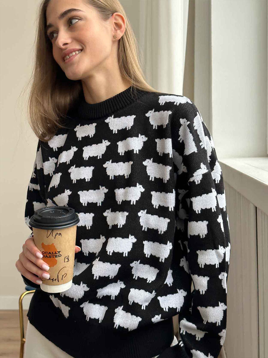 Damen Rundhals Pullover – Lockerer Sweater mit Alpaka-Print NOOR08