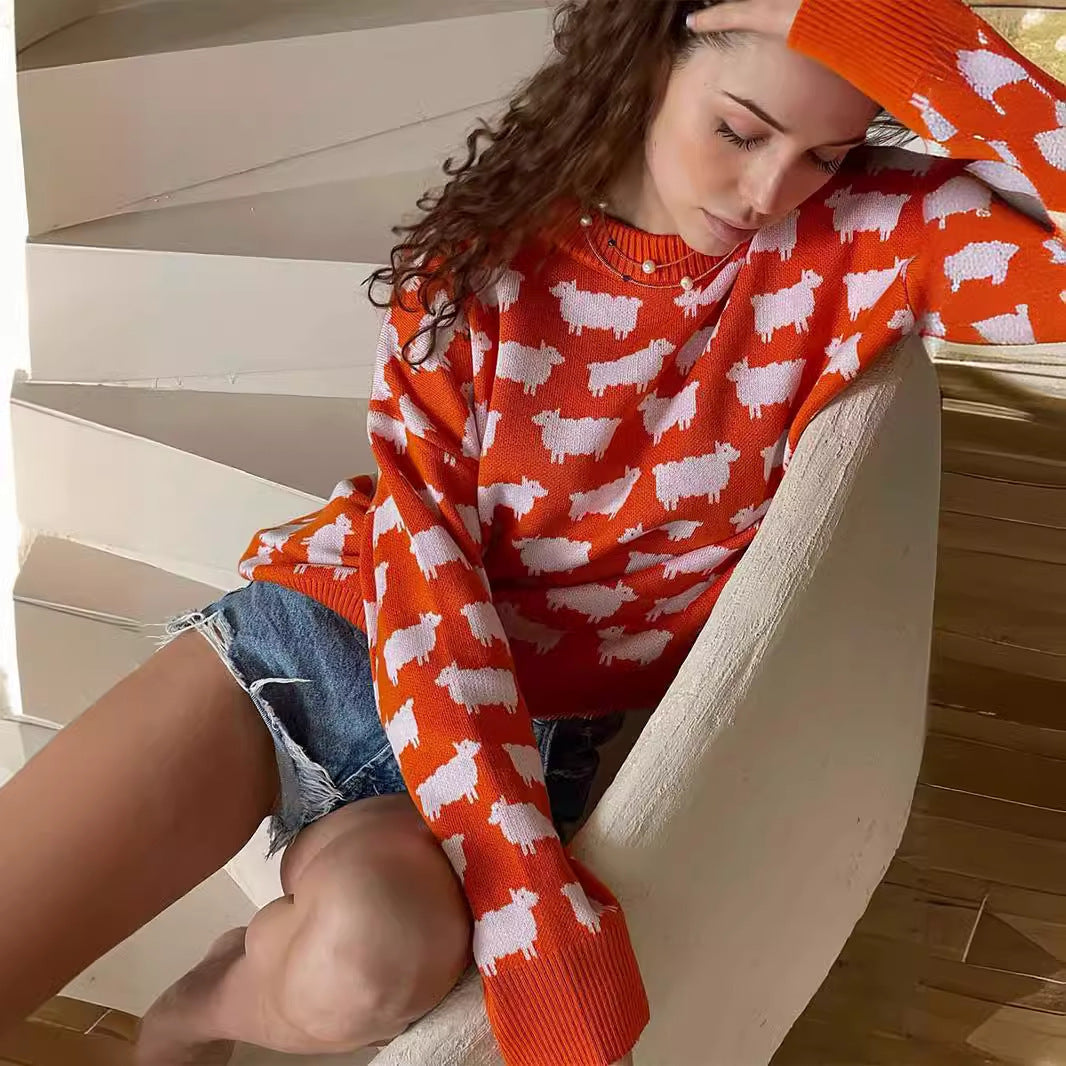 Damen Rundhals Pullover – Lockerer Sweater mit Alpaka-Print NOOR08