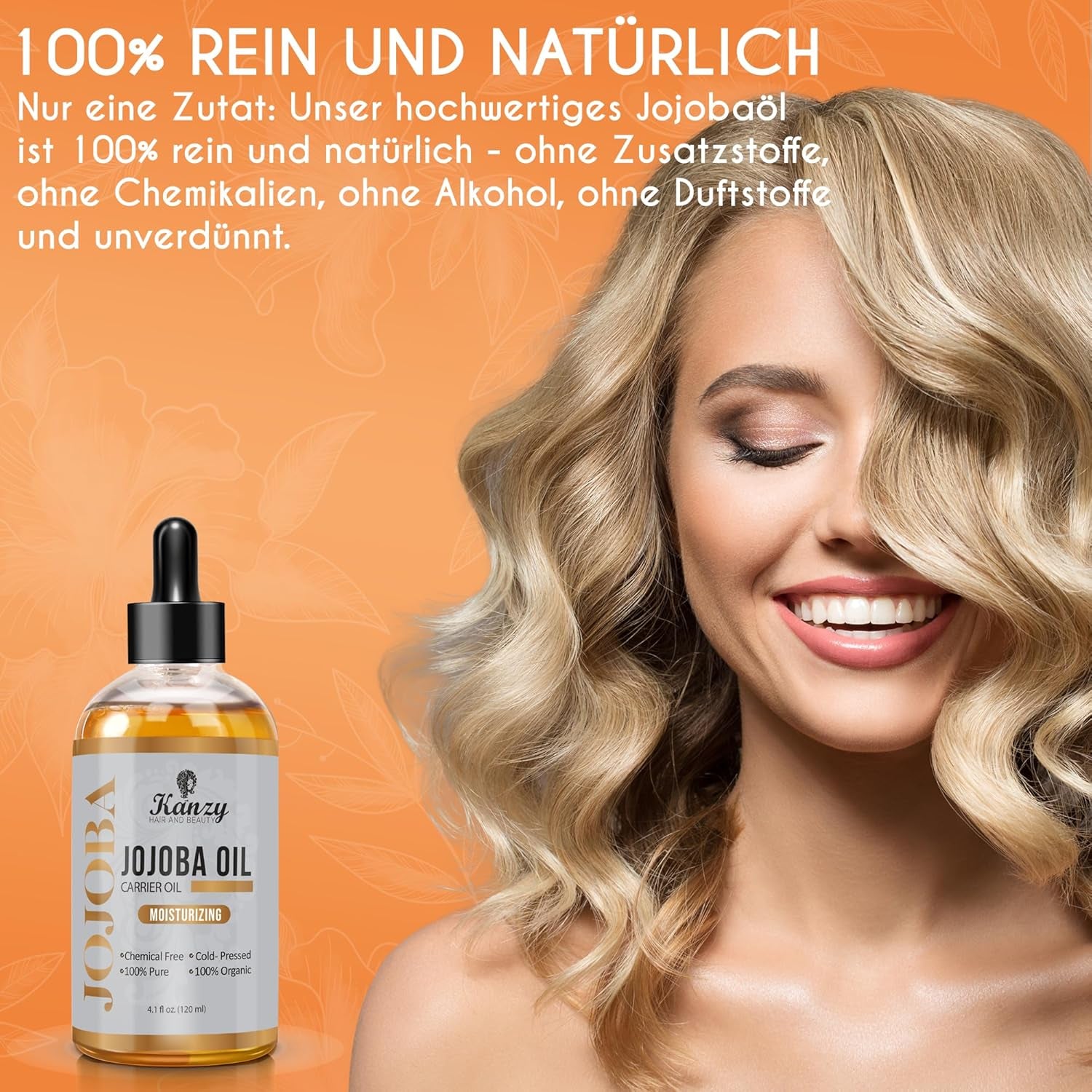 Kanzy Jojobaöl Bio Kaltgepresst 100% Reines Gold, 120Ml Für Haut, Haare Und Nägel, Gesichtsöl Und Körperöl, Vegan & Hexanfrei, Bio Jojobaöl, Anti-Falten, Natürliche Intensiv Feuchtigkeitspflege