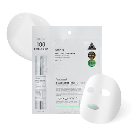 Eine 2-in-1-Maske mit Reedle Shot 100 Serum für bessere Wirkstoffaufnahme und einer Tuchmaske für intensive Pflege. Optimiert die Hautstruktur und spendet Feuchtigkeit.