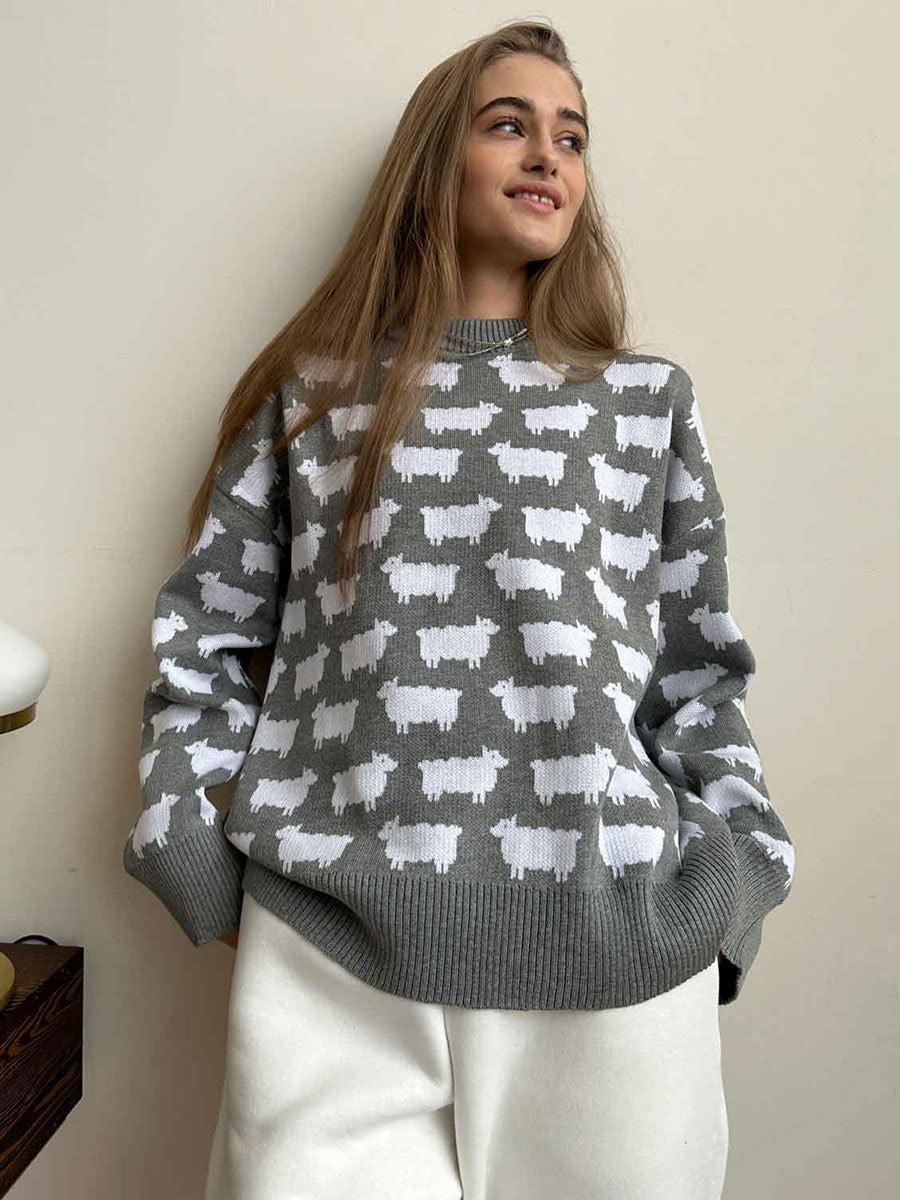 Damen Rundhals Pullover – Lockerer Sweater mit Alpaka-Print NOOR08