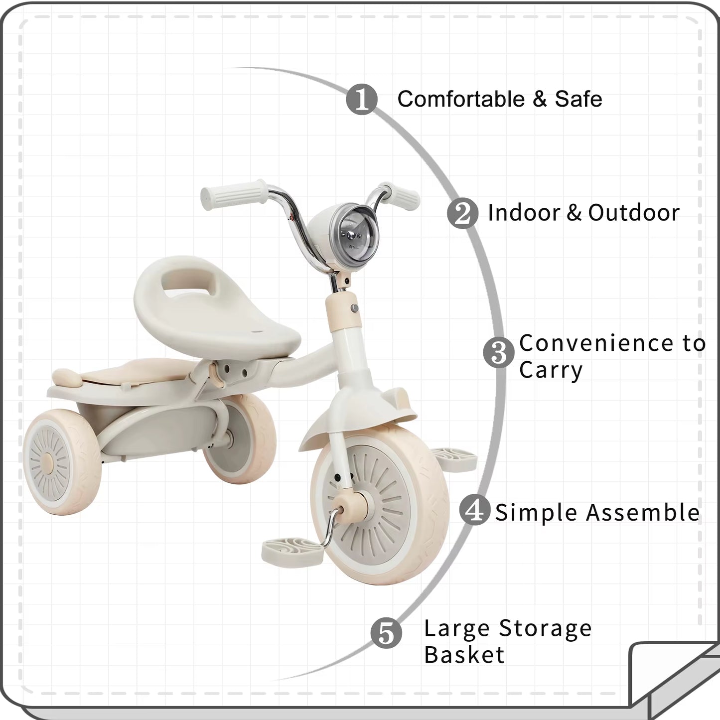 UBRAVOO Portable Baby Trike: Foldable Tricycle with Elastic PU Wheels & LED Lights (Ages 1-5)