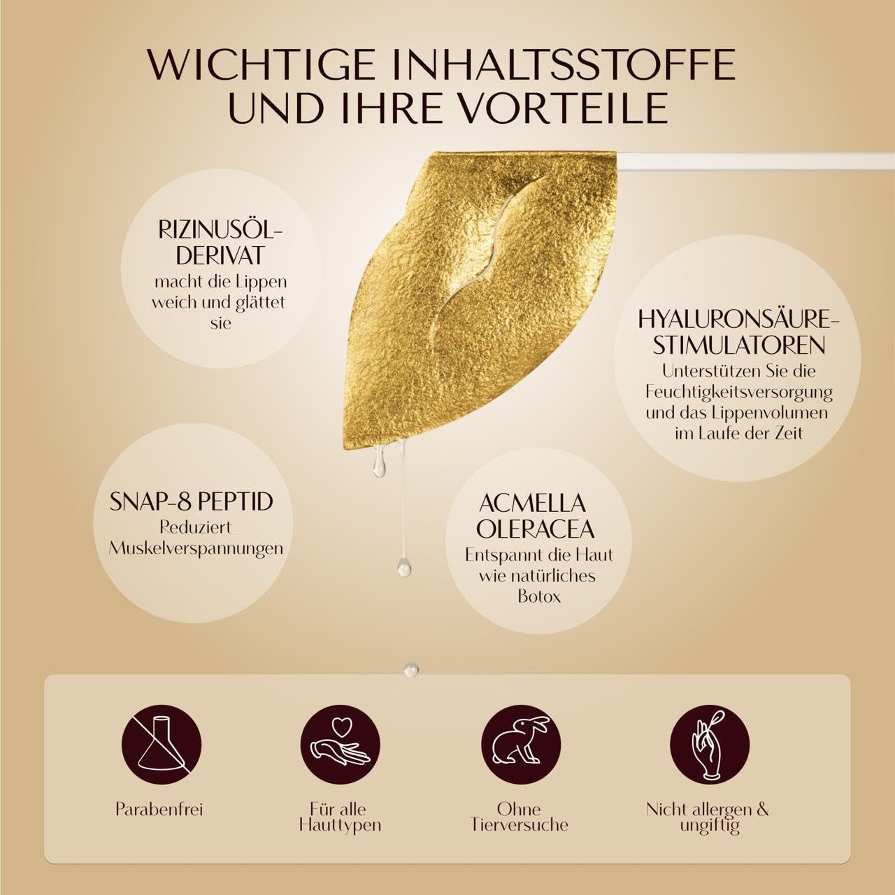 BIOBOTOX Goldene Lippenmaske Mit Mikrokristallen | Lippenpflege Mit Sofortiger Aufpolsterung, Anhebung, Hydratisierung & Faltenglättung | SNAP-8 Peptid & Acmella Oleracea | Made in Italy | 1 Stk.