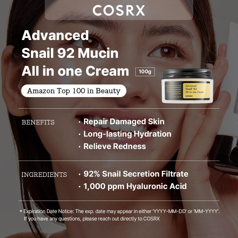 COSRX Advanced Snail 92% All in One Cream | Schneckenschleim Creme Mit Hyaluron | anti Pickel anti Falten Gesichtscreme | Für Trockene Und Empfindliche Haut | Korean Skincare