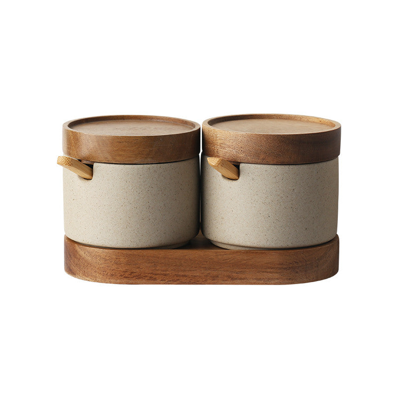 Elegant Kitchen Seasoning Jars: Ceramic Pots, Acacia Wood Tray & Covers