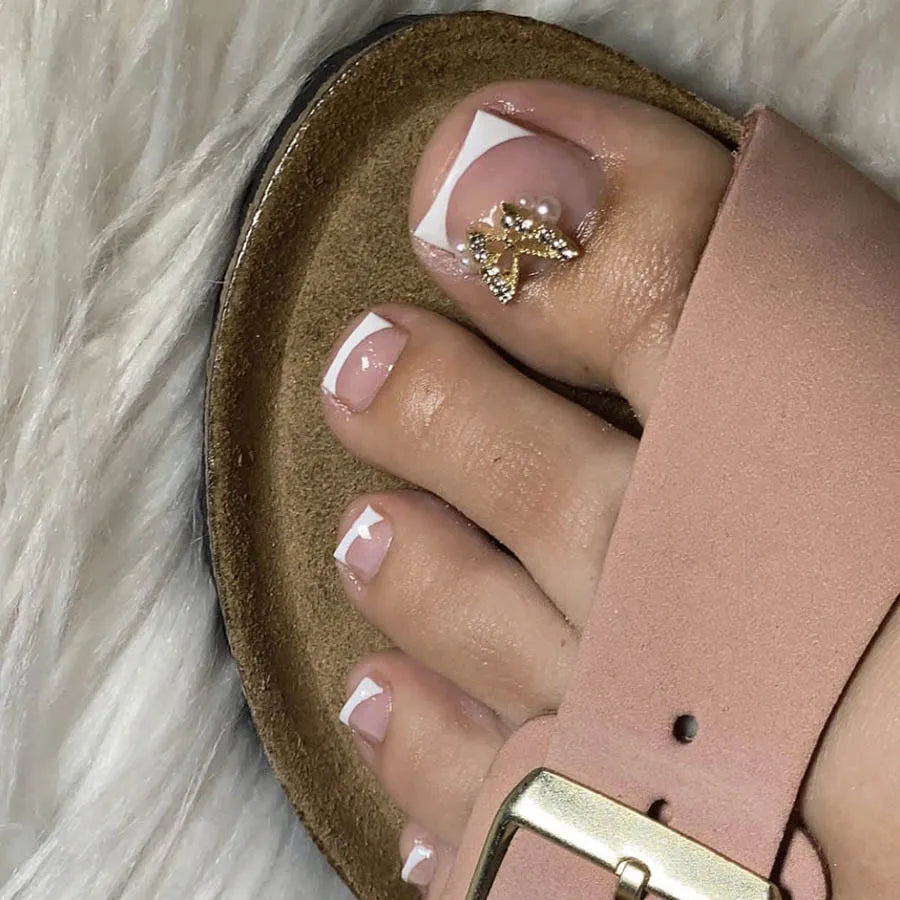 Simple French Fake Toenails (24 Pcs) | Comfortable & Removable Press-On for Summer
