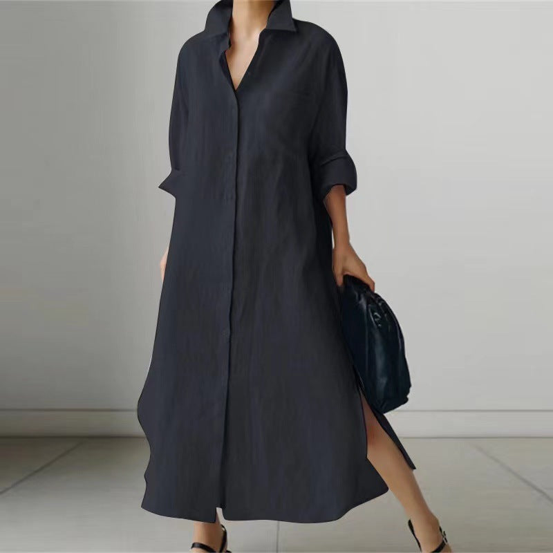 Schlitz-Hemdkleid für Damen | Langes Kleid mit Langarm-Cardigan NOOR08