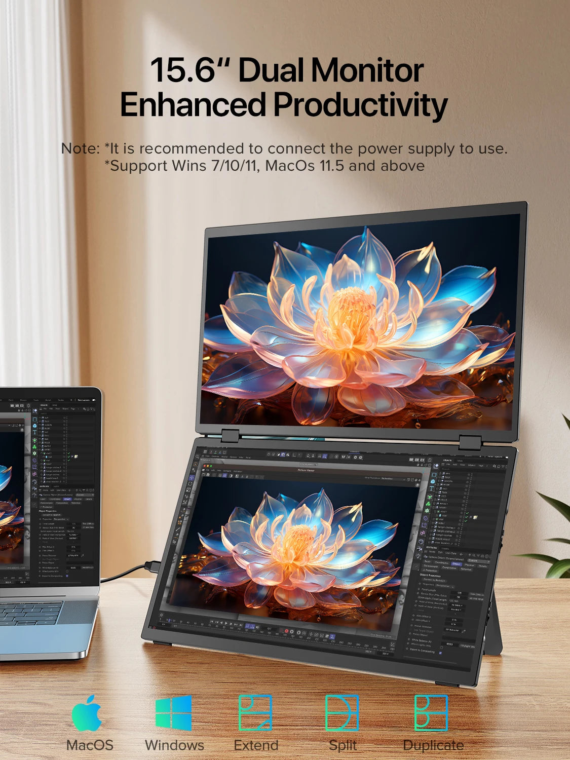 Portable Dual Monitor 15,6" Klappbar - FHD IPS Triple Screen Laptop Erweiterung USB-C Plug & Play