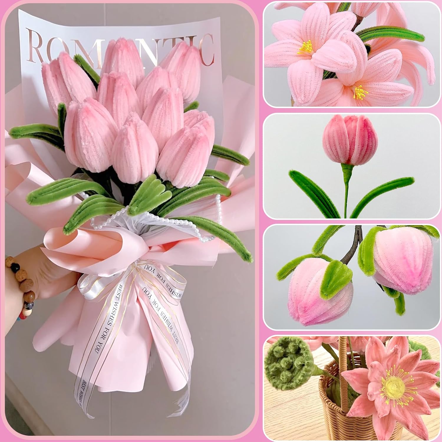 Kreatives Set mit 400 biegbaren Pfeifenreinigern in 4 Farben zum Basteln von Tulpen und Blumen. Ideal für DIY-Projekte.

