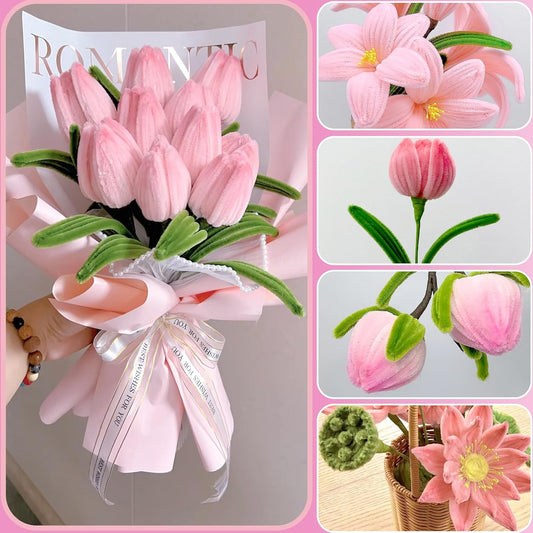 Kreatives Set mit 400 biegbaren Pfeifenreinigern in 4 Farben zum Basteln von Tulpen und Blumen. Ideal für DIY-Projekte.

