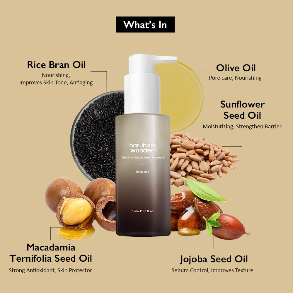 Haruharu Wonder Black Reis Feuchtigkeits-Tiefenreinigungsöl 5.1 Fl.Oz / 150Ml | Koreanischer Gesichtsreiniger, Make-Up-Entferner | Vegan, Tierversuchsfrei | Jojobasamenöl, Macadamiasamenöl