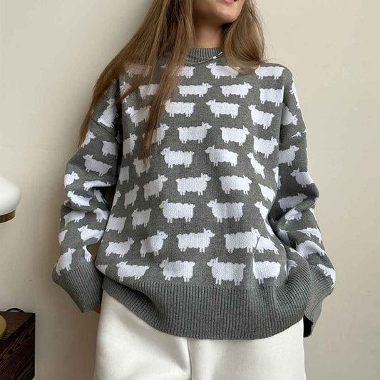 Lockerer Damenpullover mit niedlichem Alpaka-Print. Rundhals, warm und bequem – perfekt für Freizeit, Alltag und Herbst/Winter.

