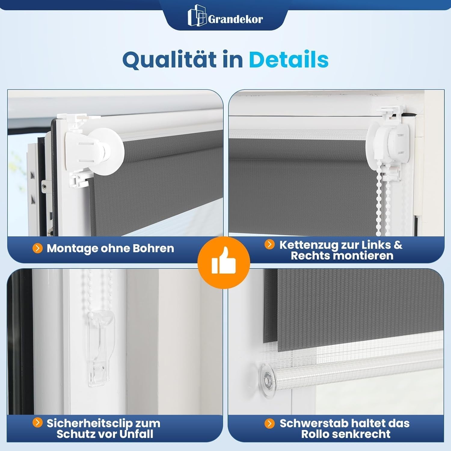 Grandekor Doppelrollo Klemmfix Ohne Bohren Anthrazit 40X130Cm(Stoffbreite 36Cm) Fenster Rollos Für Innen Klemmrollos Duo Rollos Für Fenster Ohne Bohren Mit Bohren Privatschutz Uv-Schutz Zebrarollo