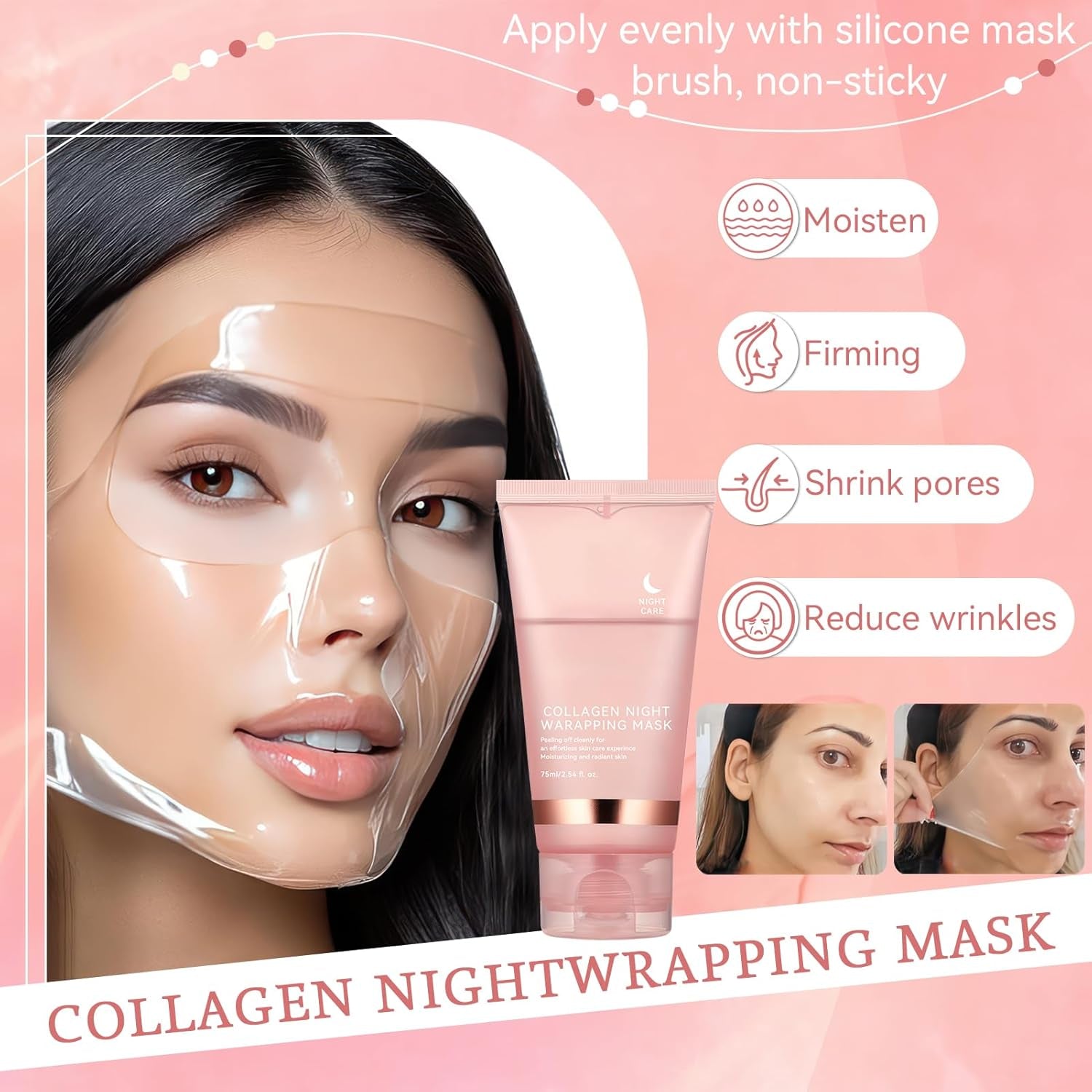 Collagen Maske,Collagen Night Wrapping Mask Bio Gesichtsmaske Über Nacht Peel-Off Maske Zur Hautpflege Und Hydratation, Nachtmaske Für Elastische & Strahlende Haut, Inkl. Pinsel (1 Stück)