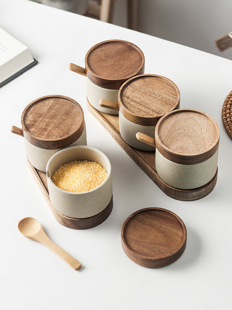 Elegant Kitchen Seasoning Jars: Ceramic Pots, Acacia Wood Tray & Covers
