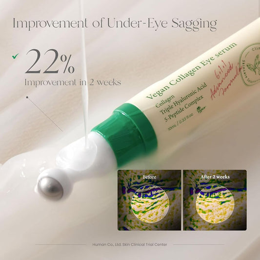 Vegan Collagen Eye Serum with Triple Hyaluronic Acid & 5-Peptide Complex | Anti-Aging, Fine Line Reduction, Brightening | Vegan & Cruelty-Free Korean Skin Care | 10Ml / 0.33 Fl. Oz.