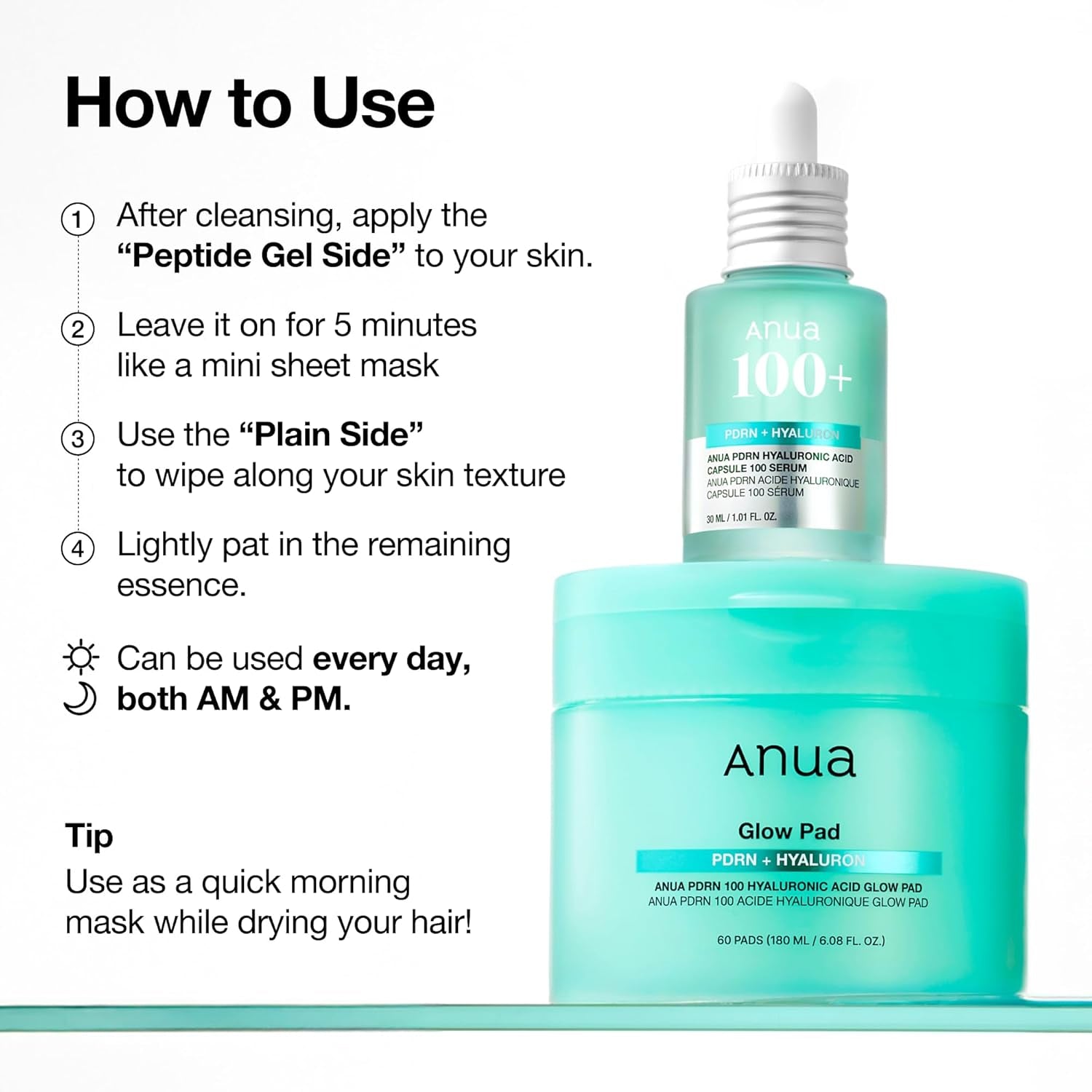 Anua PDRN 100 Hyaluronsäure Glow Pad, Glühende Koreanische Gesichtspflege Für Die Tägliche Hautpflege Und Make-Up-Vorbereitung, Doppelseitiges Tonerpad Für Strahlende Haut Und Tiefe Hydratation (180