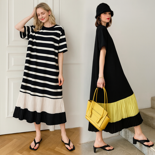 Sommerlicher, neuer Stil. Ärmelloses Kleid mit Color-Blocking und plissiertem Rock. Einfaches Design, in Übergröße verfügbar. Auch als kurzärmeliges Kleid erhältlich.
