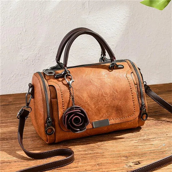 Damen Schultertasche | Boston Handbag mit Blumenanhänger & Crossbody NOOR08