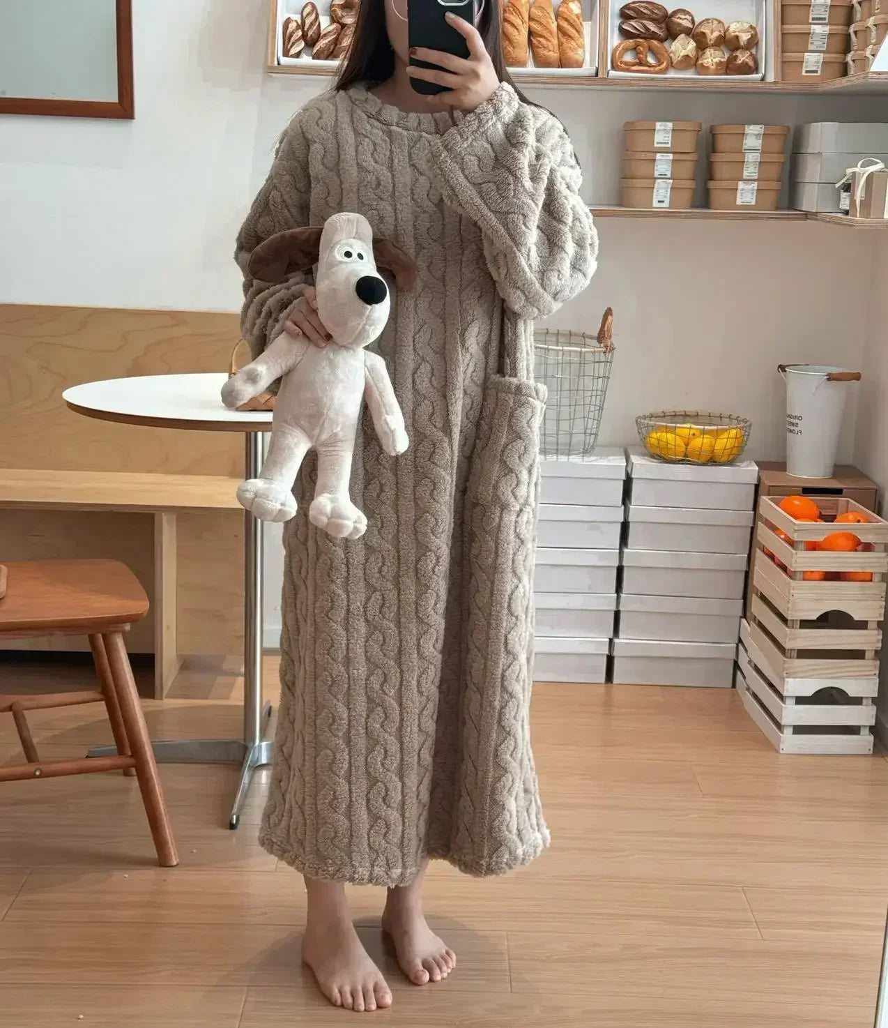 Langer Flanell-Nachtmantel für Damen, Jacquard, warm NOOR08