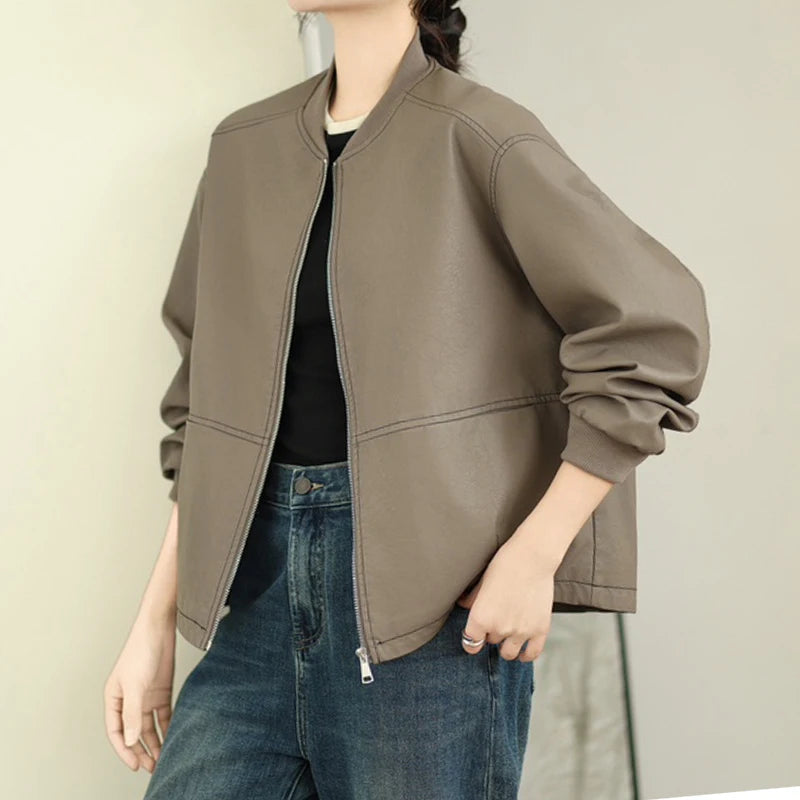 Lederjacke, Vintage, Damen, V-Ausschnitt, Windbreaker NOOR08